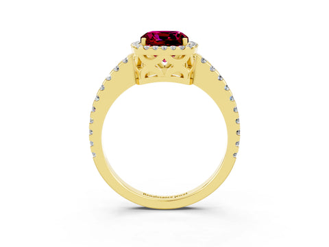 Yellow gold Cushion Cut Garnet Halo Engagement Ring with Pavé Band and Prong Setting_15