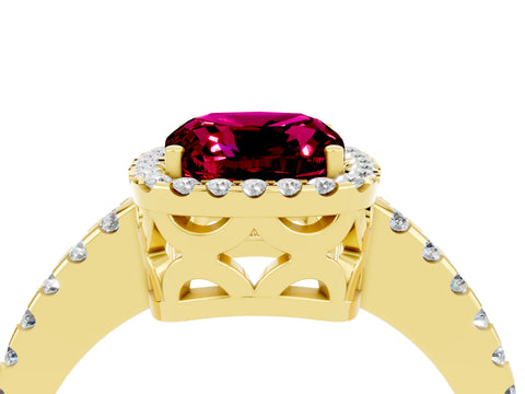 Yellow gold Cushion Cut Garnet Halo Engagement Ring with Pavé Band and Prong Setting_16