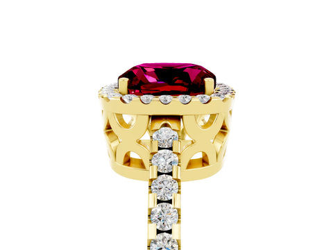 Yellow gold Cushion Cut Garnet Halo Engagement Ring with Pavé Band and Prong Setting_17