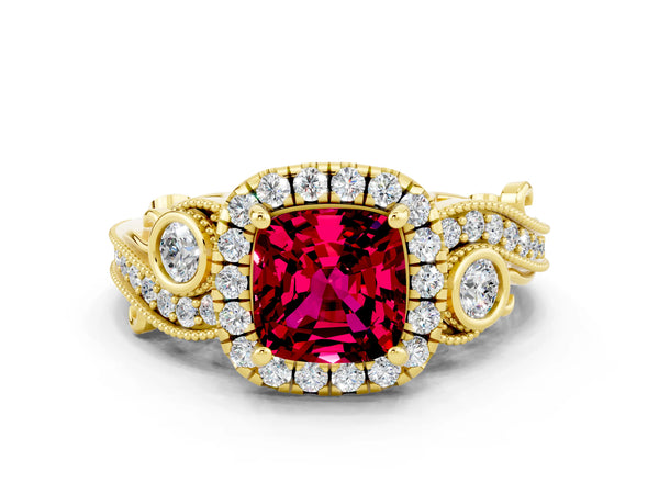 Yellow gold Cushion Cut Garnet Halo Ring with Milgrain Pavé Band and Four-Prong Setting