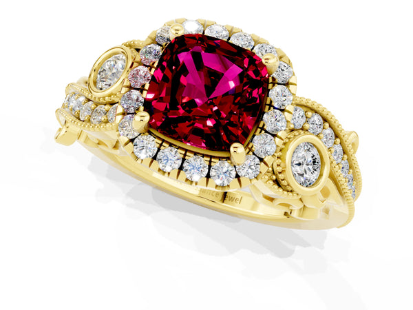 Yellow gold Cushion Cut Garnet Halo Ring with Milgrain Pavé Band and Four-Prong Setting