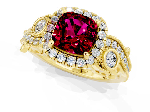 Yellow gold Cushion Cut Garnet Halo Ring with Milgrain Pavé Band and Four-Prong Setting_13