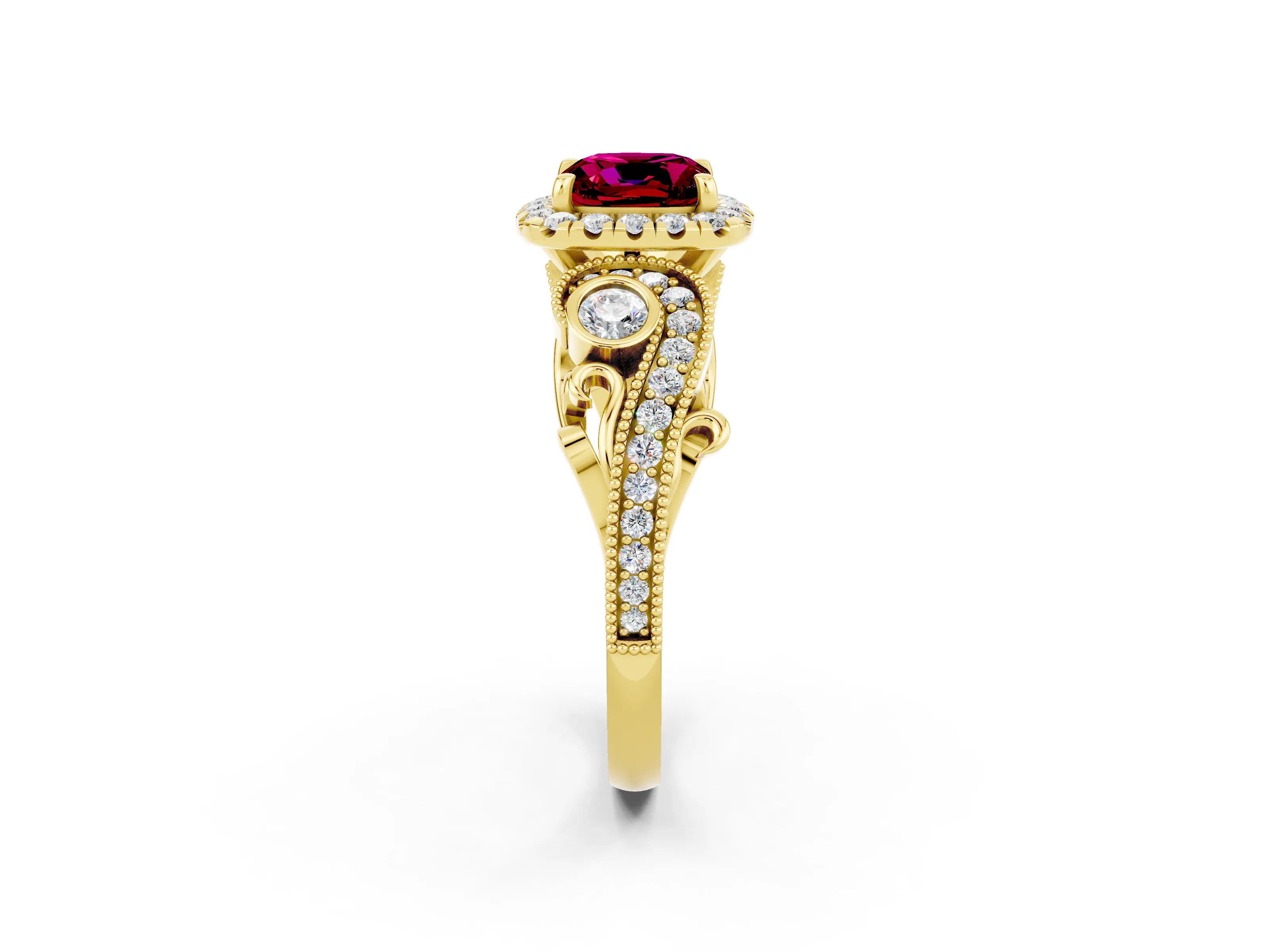 Yellow gold Cushion Cut Garnet Halo Ring with Milgrain Pavé Band and Four-Prong Setting_14
