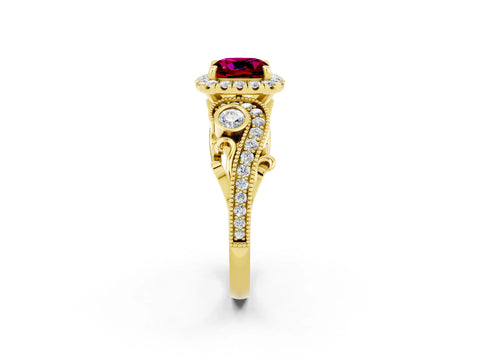 Yellow gold Cushion Cut Garnet Halo Ring with Milgrain Pavé Band and Four-Prong Setting_14