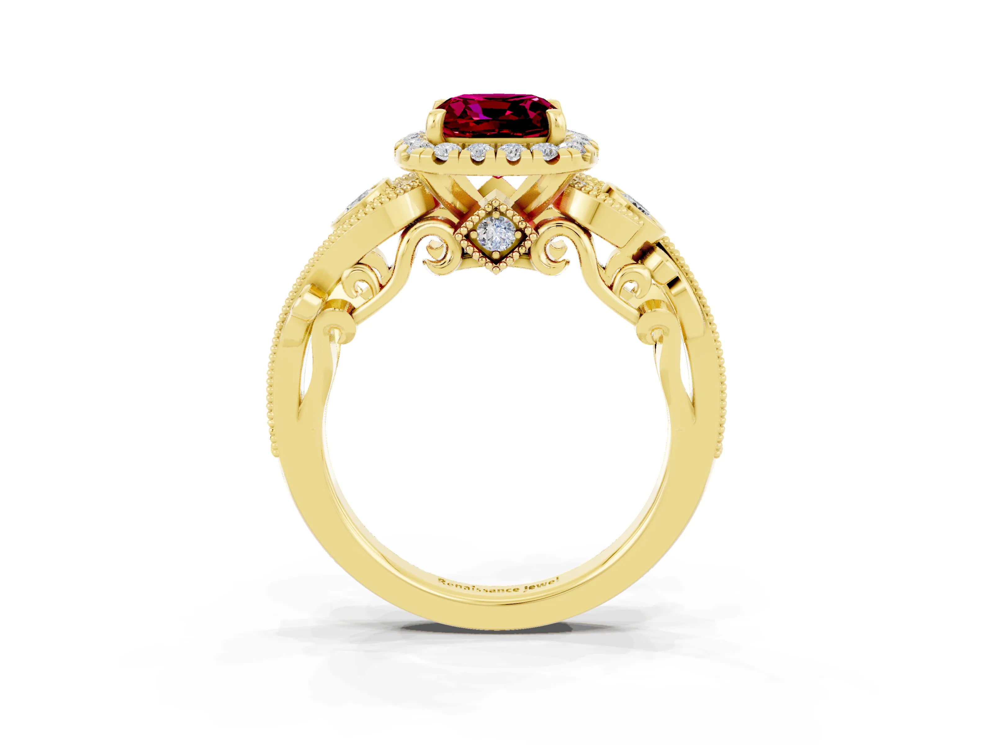 Yellow gold Cushion Cut Garnet Halo Ring with Milgrain Pavé Band and Four-Prong Setting_15