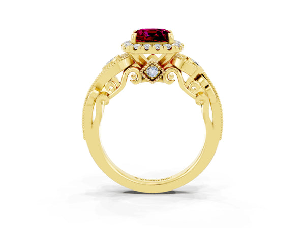 Yellow gold Cushion Cut Garnet Halo Ring with Milgrain Pavé Band and Four-Prong Setting