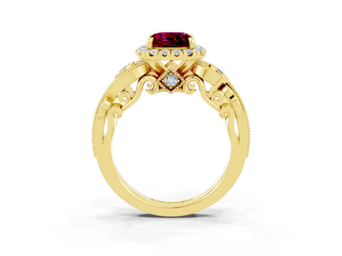 Yellow gold Cushion Cut Garnet Halo Ring with Milgrain Pavé Band and Four-Prong Setting_15