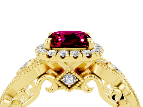 Yellow gold Cushion Cut Garnet Halo Ring with Milgrain Pavé Band and Four-Prong Setting_16