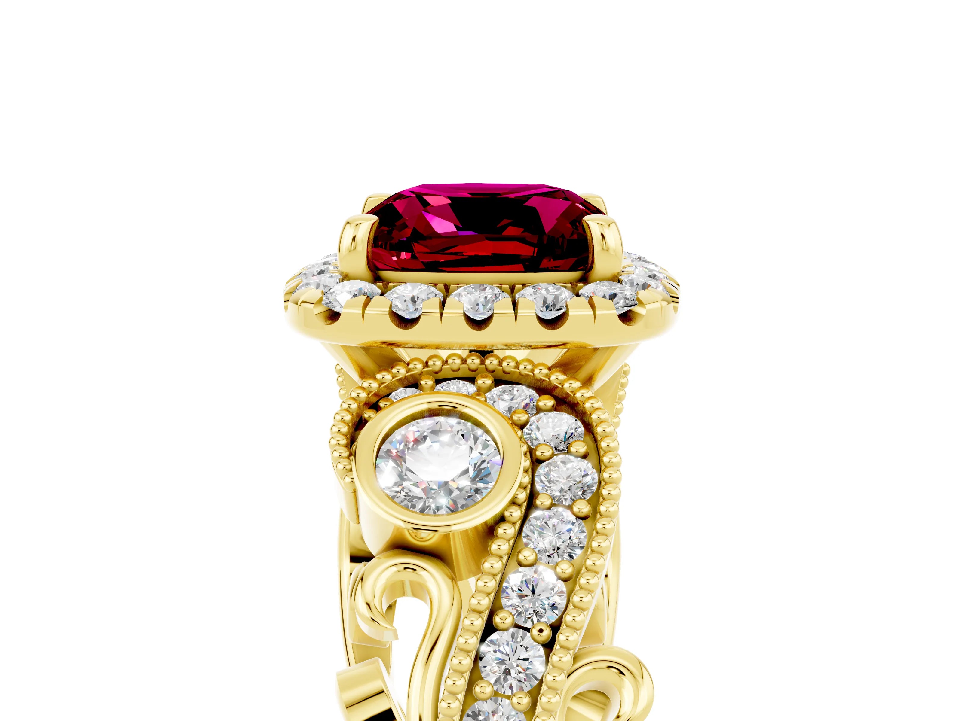 Yellow gold Cushion Cut Garnet Halo Ring with Milgrain Pavé Band and Four-Prong Setting_17