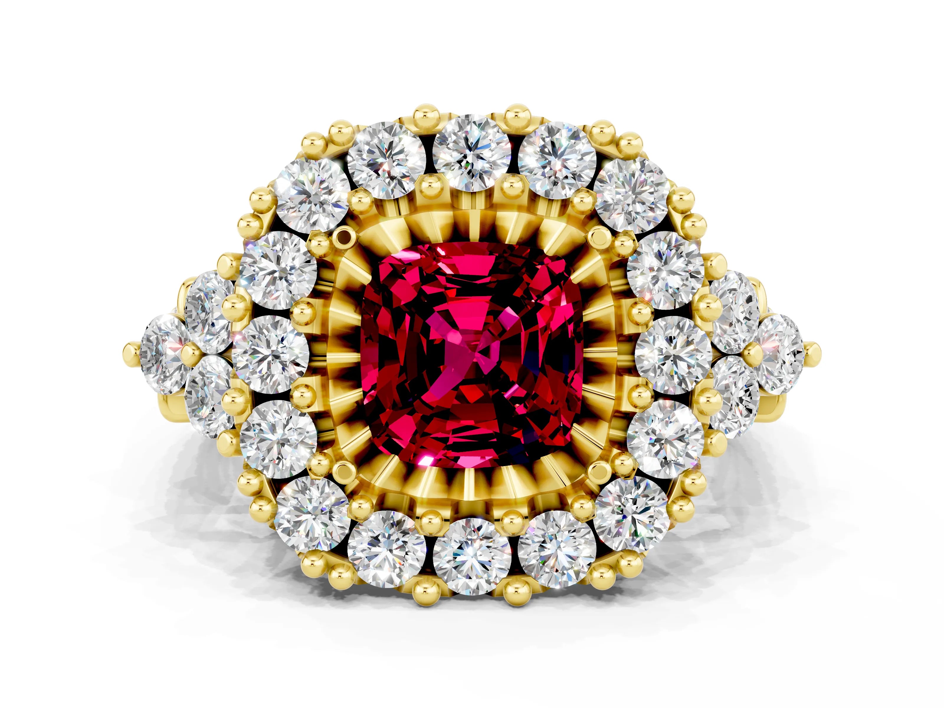 Yellow gold Cushion Cut Garnet Halo Ring with Pavé Band and Four-Prong Setting_12