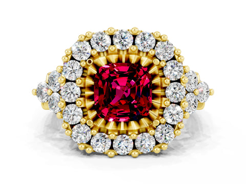 Yellow gold Cushion Cut Garnet Halo Ring with Pavé Band and Four-Prong Setting_12