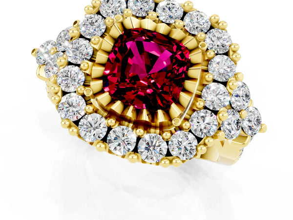 Yellow gold Cushion Cut Garnet Halo Ring with Pavé Band and Four-Prong Setting