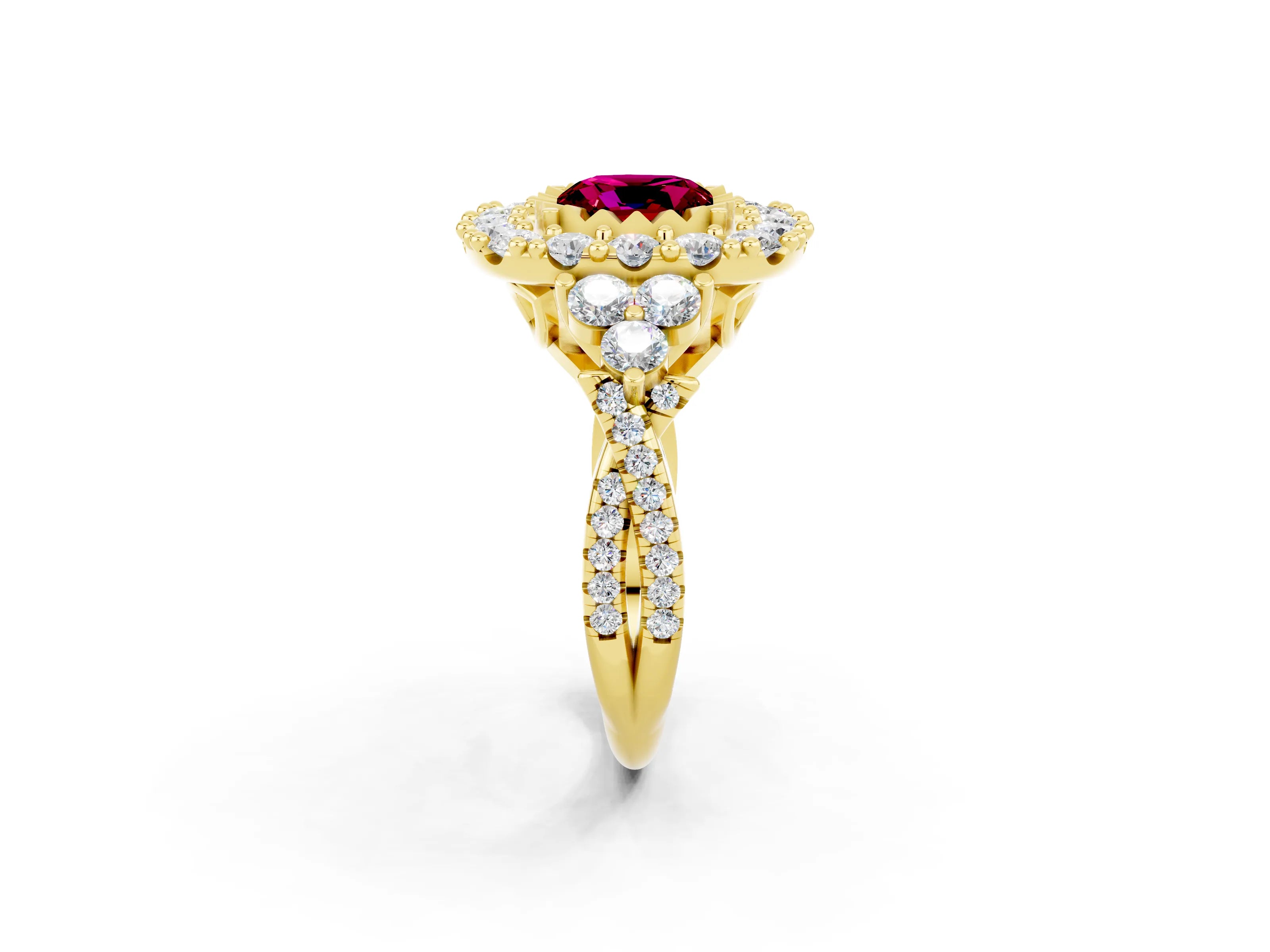 Yellow gold Cushion Cut Garnet Halo Ring with Pavé Band and Four-Prong Setting_14