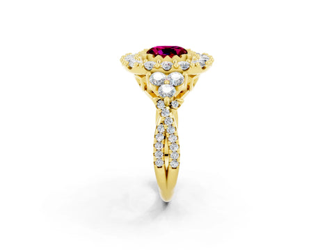 Yellow gold Cushion Cut Garnet Halo Ring with Pavé Band and Four-Prong Setting_14