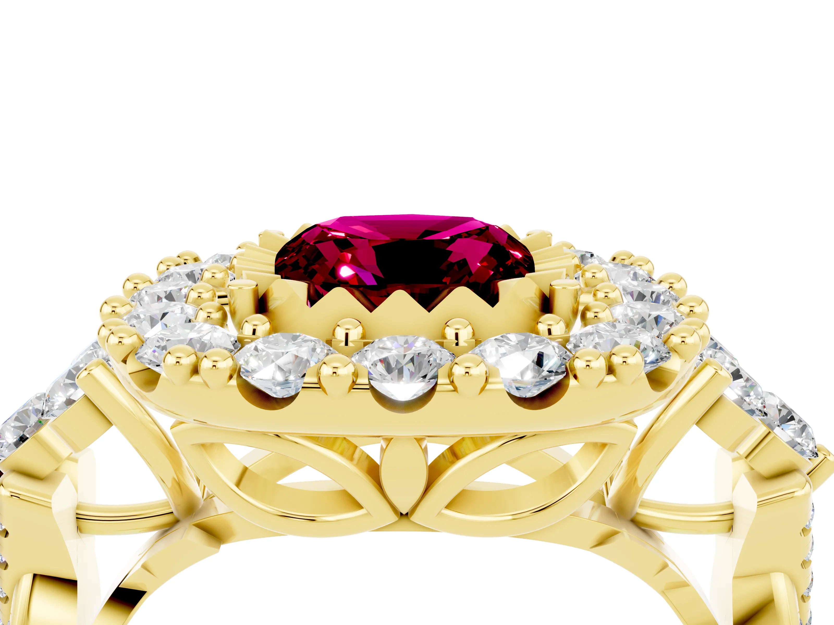 Yellow gold Cushion Cut Garnet Halo Ring with Pavé Band and Four-Prong Setting_16