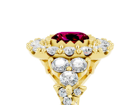 Yellow gold Cushion Cut Garnet Halo Ring with Pavé Band and Four-Prong Setting_17