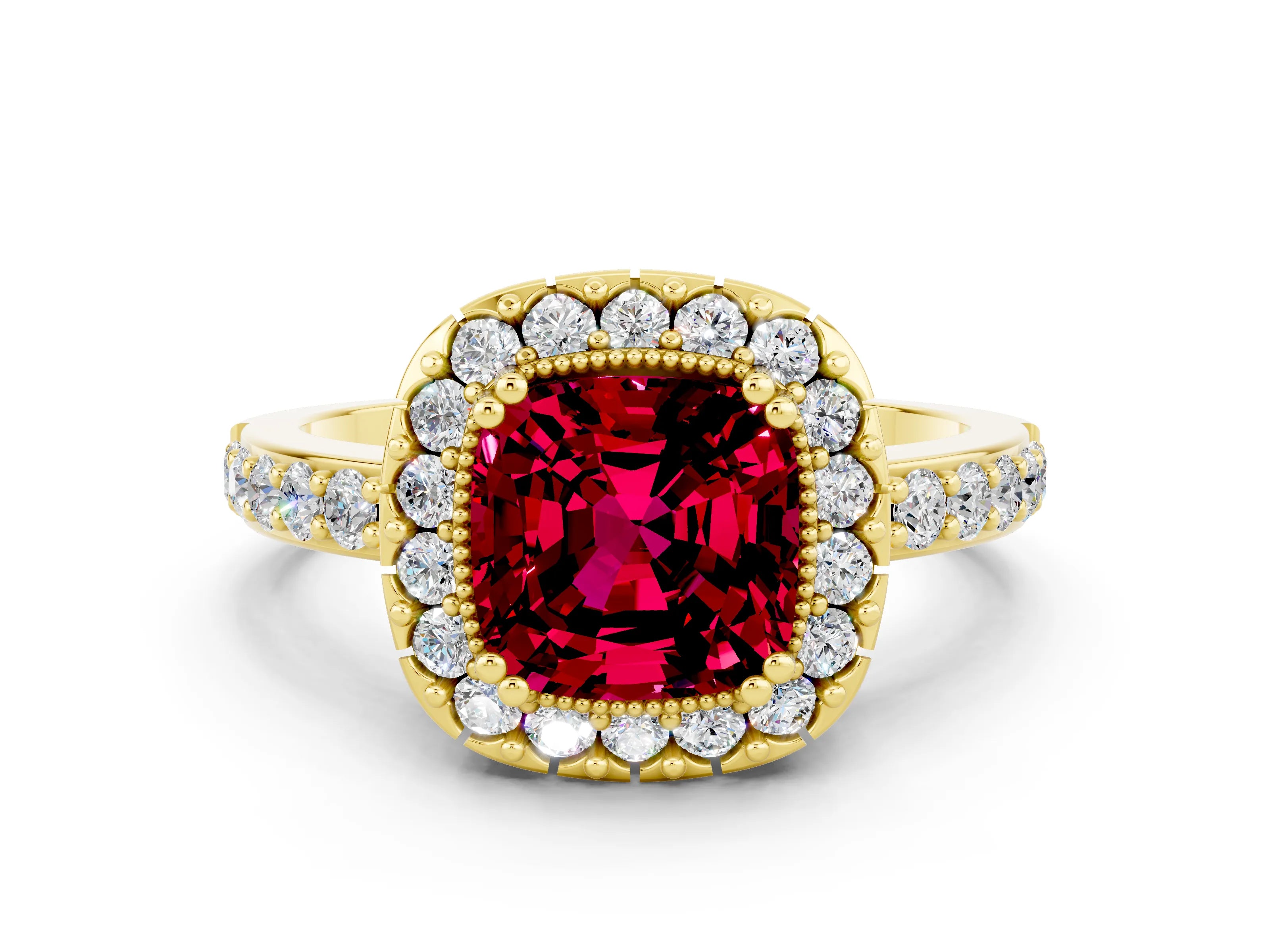 Yellow gold Cushion Cut Garnet Halo Ring with Pavé Band and Prong Setting