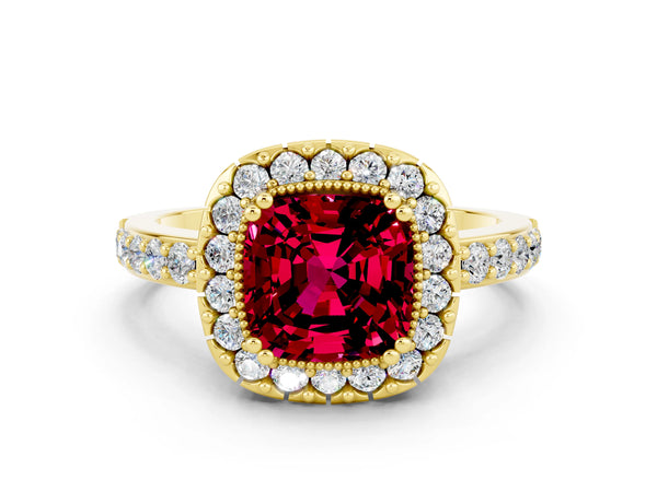 Yellow gold Cushion Cut Garnet Halo Ring with Pavé Band and Prong Setting