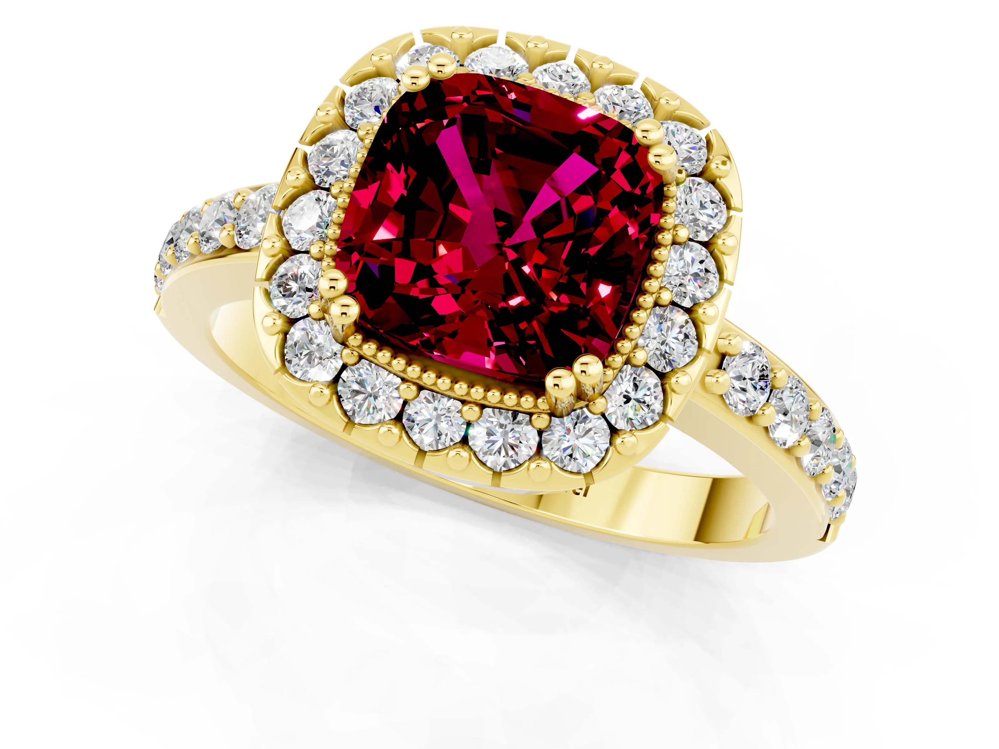 Yellow gold Cushion Cut Garnet Halo Ring with Pavé Band and Prong Setting_1