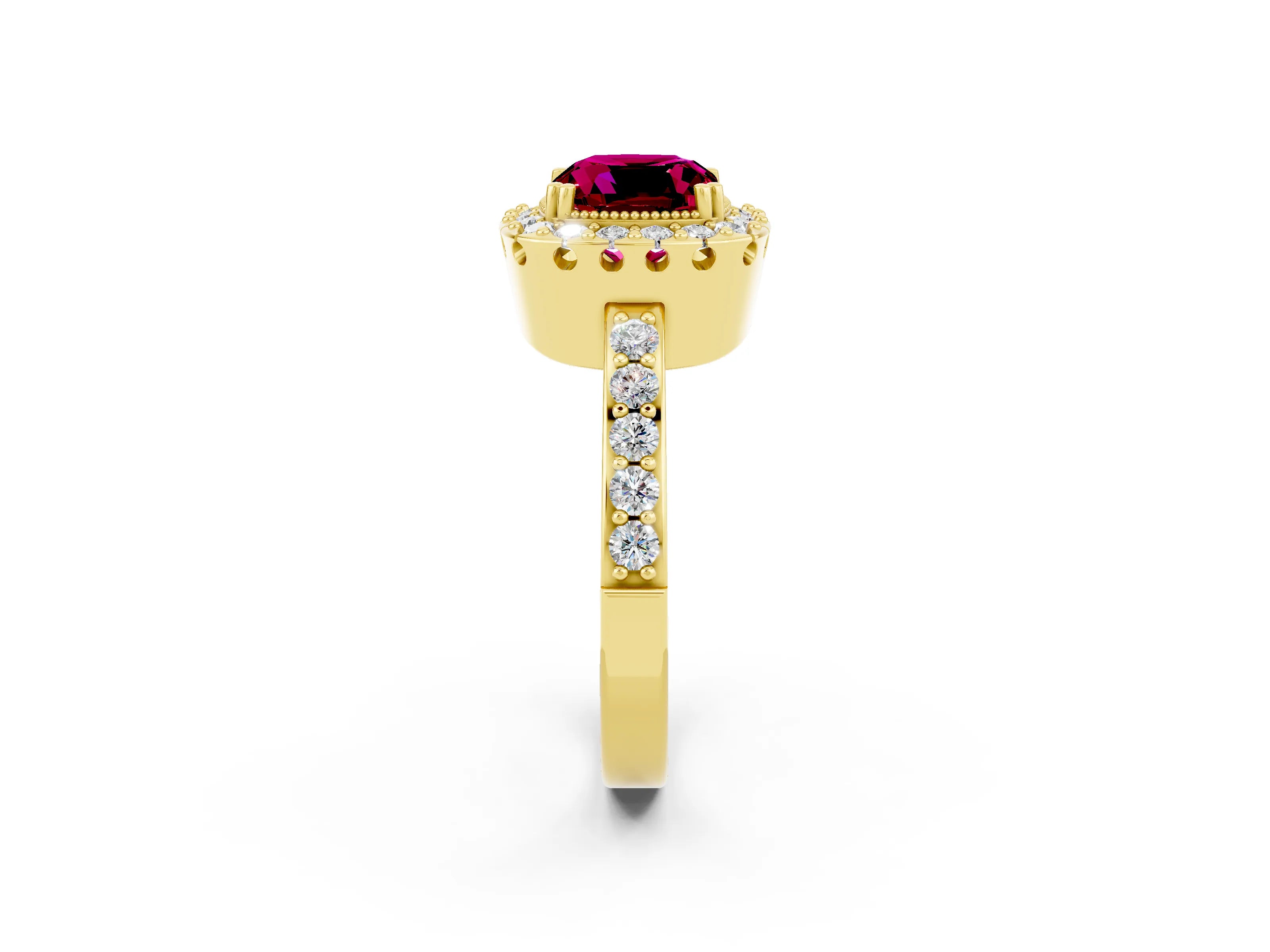 Yellow gold Cushion Cut Garnet Halo Ring with Pavé Band and Prong Setting_2