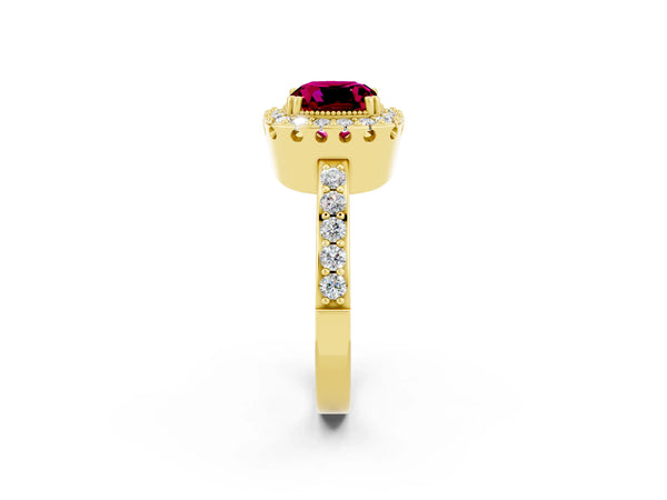 Yellow gold Cushion Cut Garnet Halo Ring with Pavé Band and Prong Setting