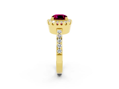 Yellow gold Cushion Cut Garnet Halo Ring with Pavé Band and Prong Setting_2