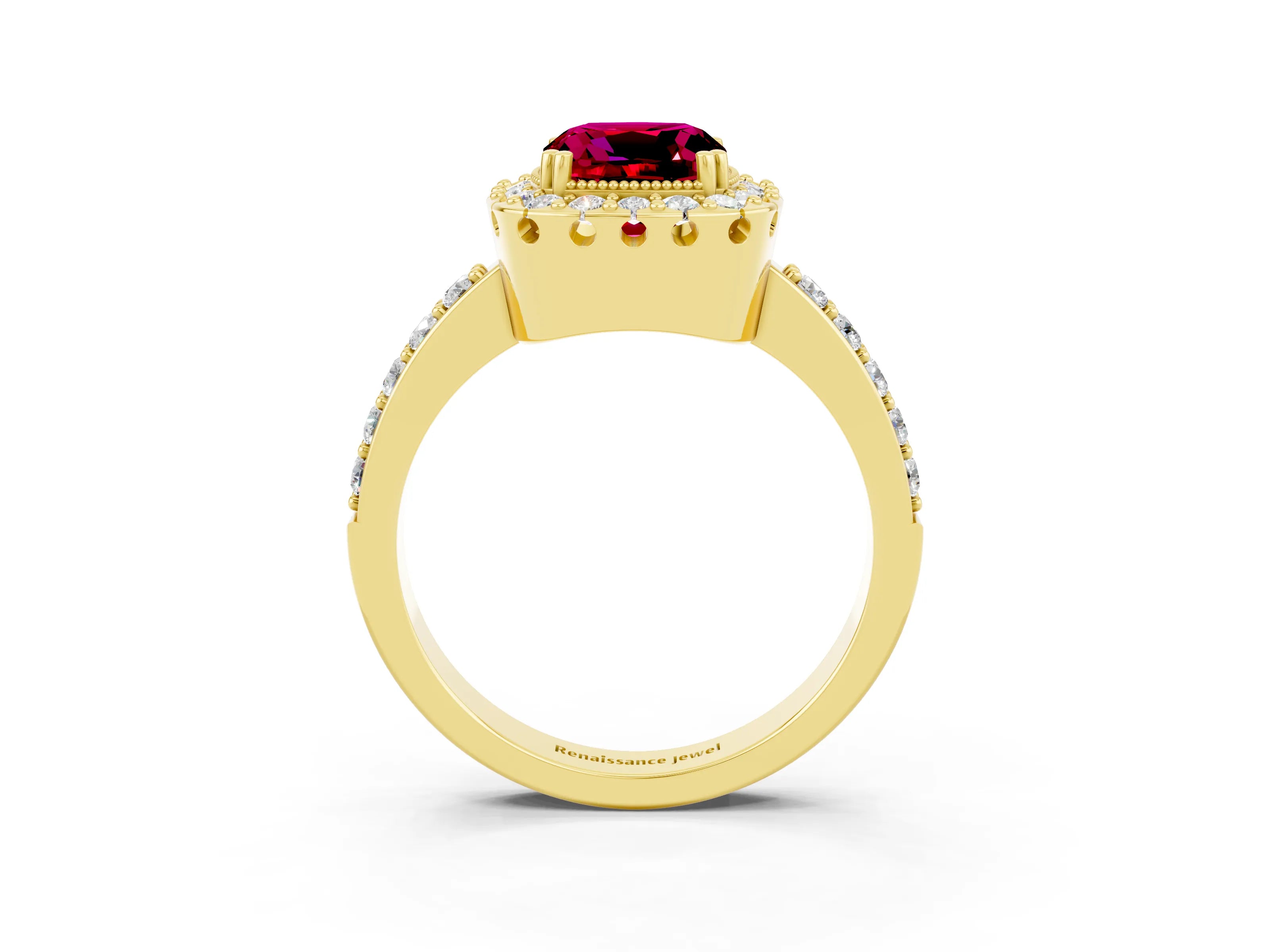Yellow gold Cushion Cut Garnet Halo Ring with Pavé Band and Prong Setting_3