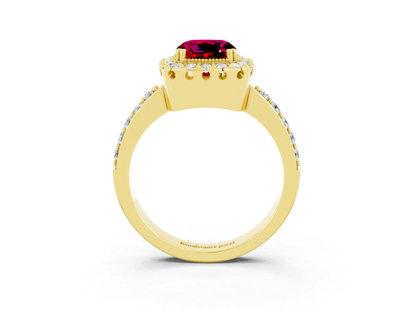 Yellow gold Cushion Cut Garnet Halo Ring with Pavé Band and Prong Setting