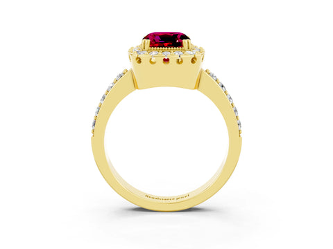 Yellow gold Cushion Cut Garnet Halo Ring with Pavé Band and Prong Setting_3