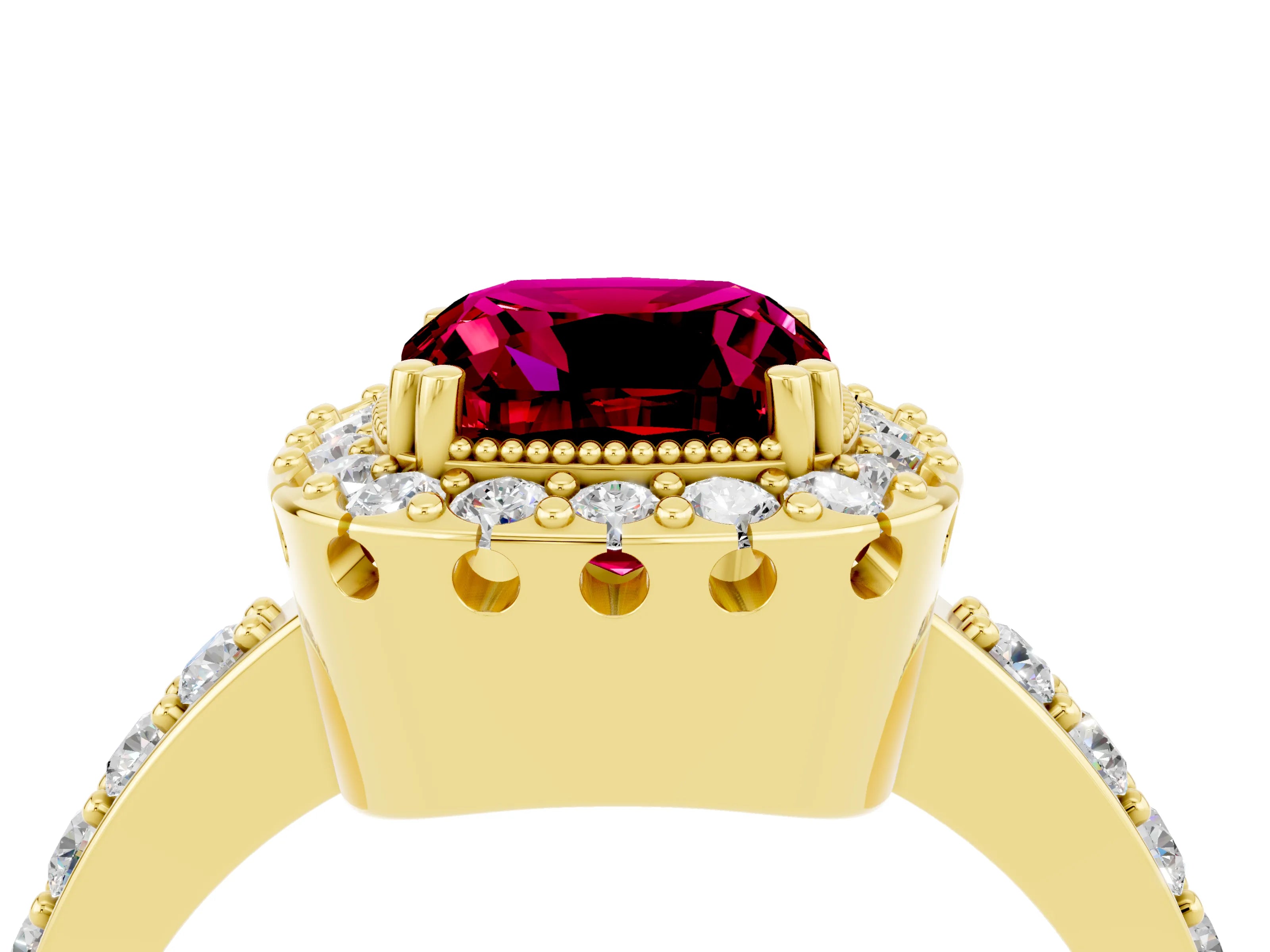 Yellow gold Cushion Cut Garnet Halo Ring with Pavé Band and Prong Setting_4