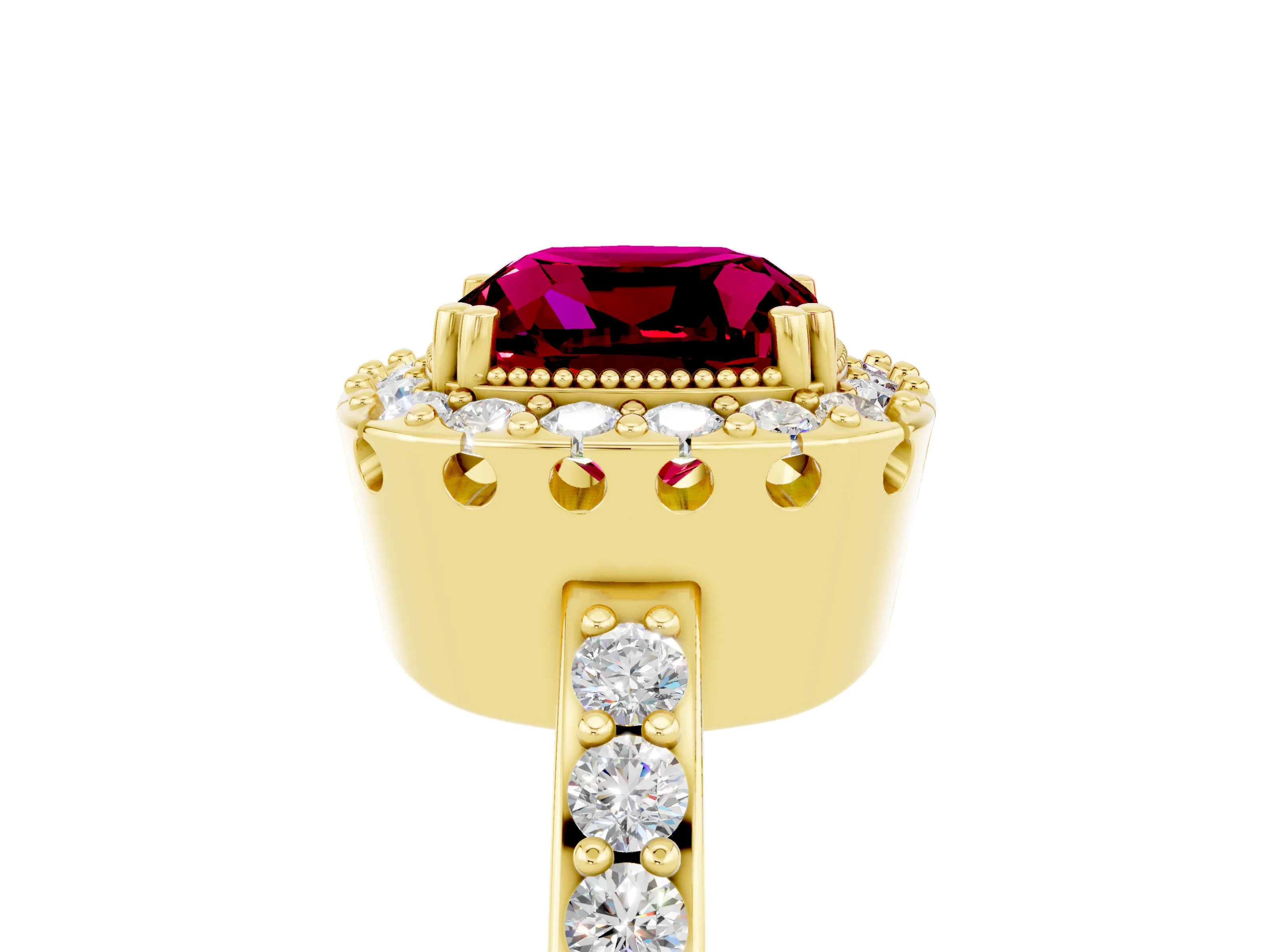 Yellow gold Cushion Cut Garnet Halo Ring with Pavé Band and Prong Setting_5