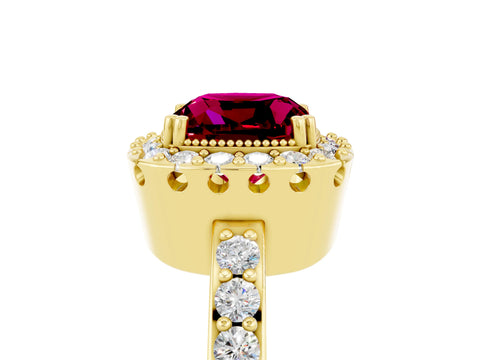 Yellow gold Cushion Cut Garnet Halo Ring with Pavé Band and Prong Setting_5