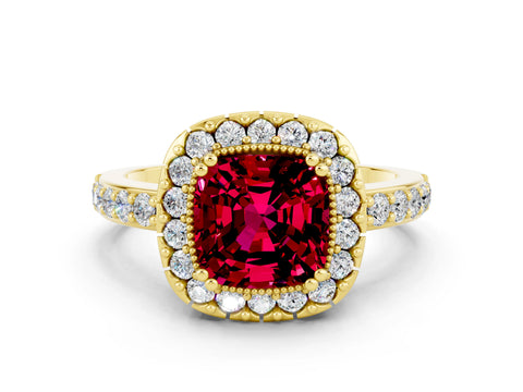 Yellow gold Cushion Cut Garnet Halo Ring with Pavé Band and Prong Setting