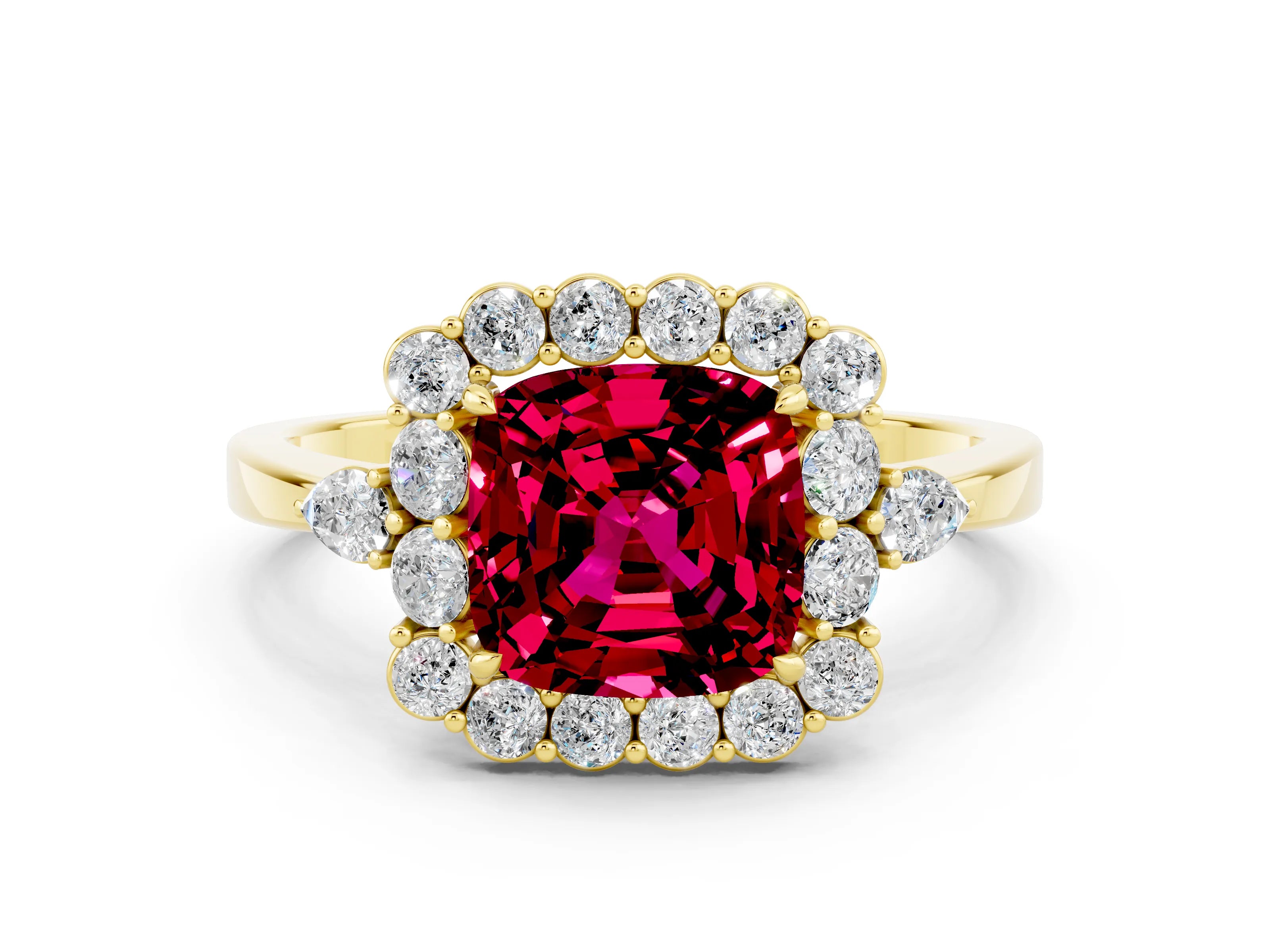Yellow gold Cushion Cut Garnet Halo Ring with Pear Side Stones and Prong Setting_12