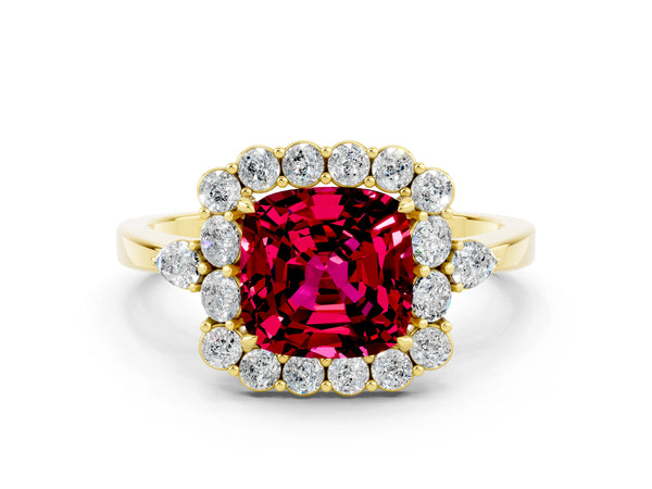 Yellow gold Cushion Cut Garnet Halo Ring with Pear Side Stones and Prong Setting