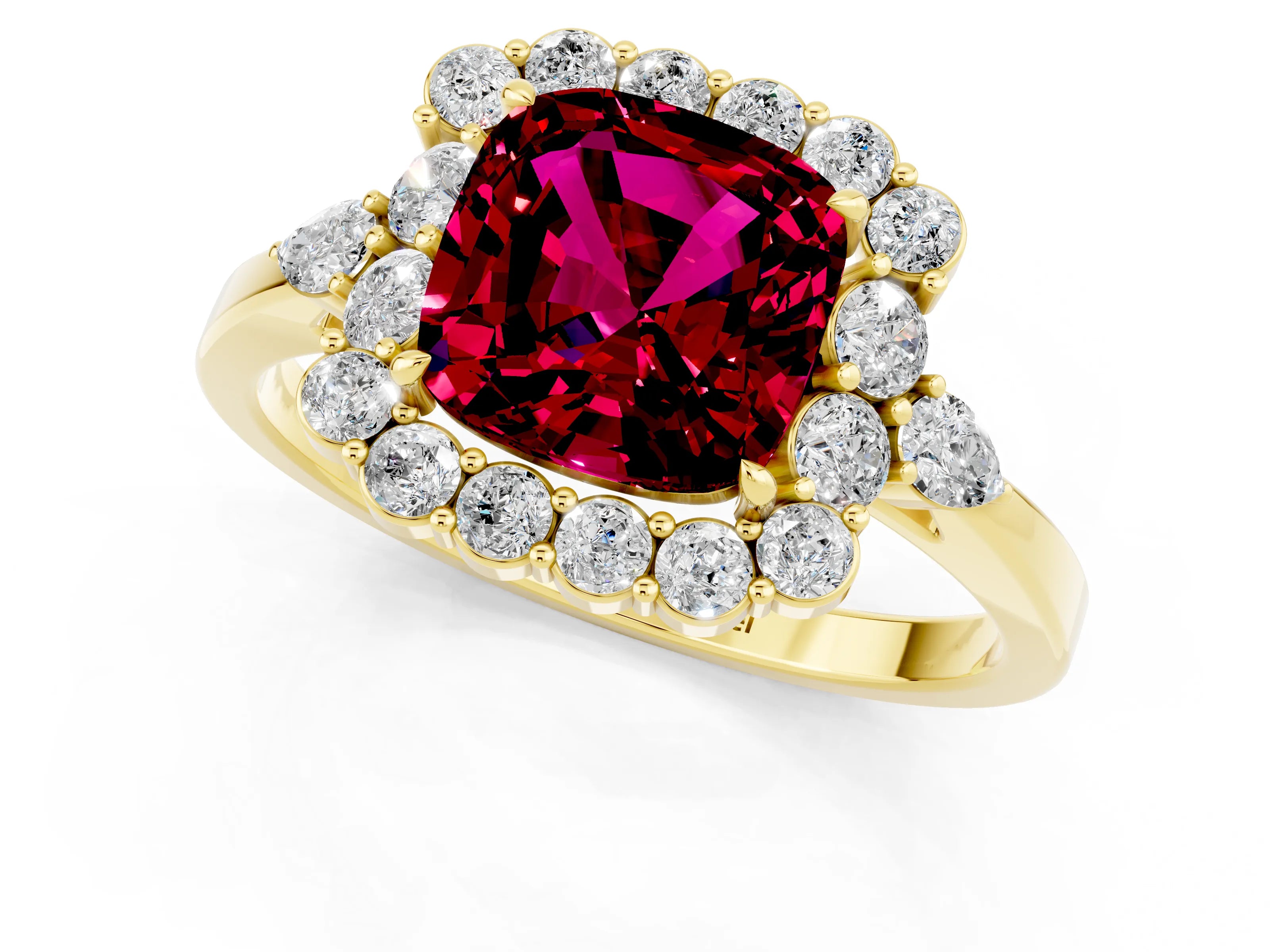 Yellow gold Cushion Cut Garnet Halo Ring with Pear Side Stones and Prong Setting_13