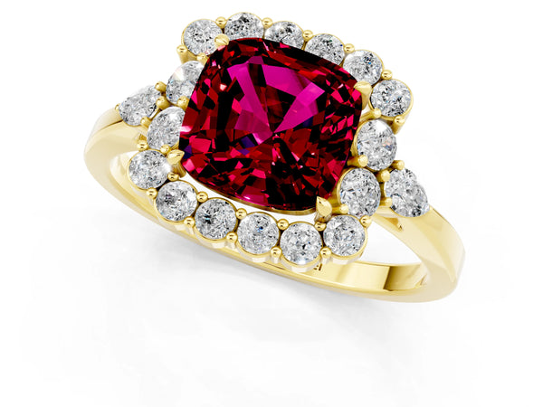 Yellow gold Cushion Cut Garnet Halo Ring with Pear Side Stones and Prong Setting