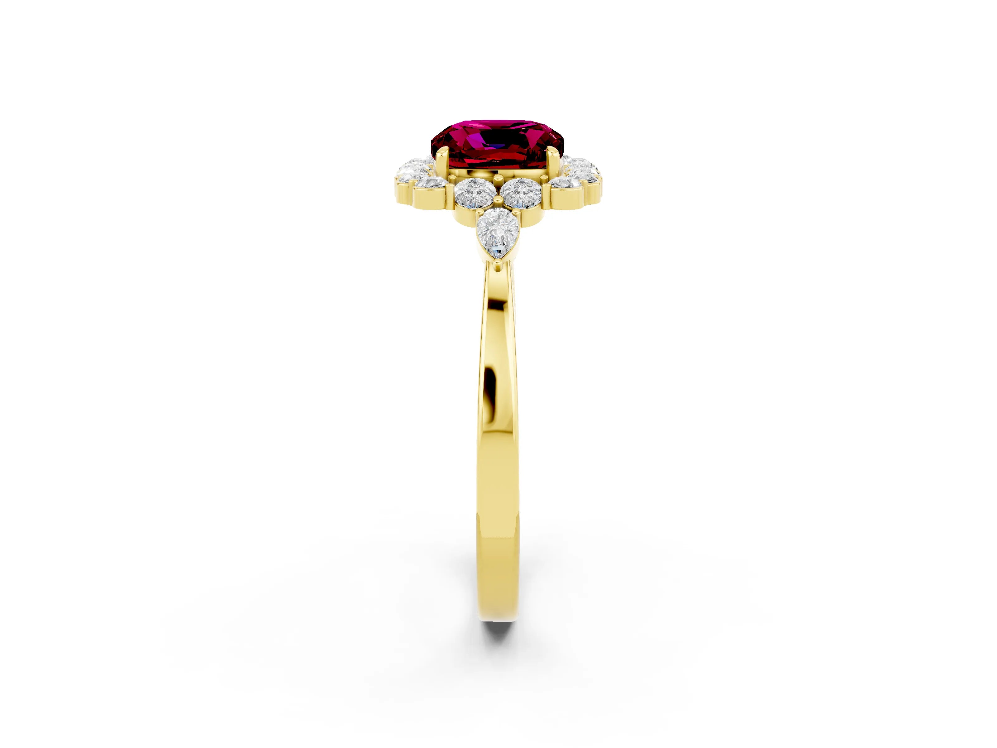 Yellow gold Cushion Cut Garnet Halo Ring with Pear Side Stones and Prong Setting_14