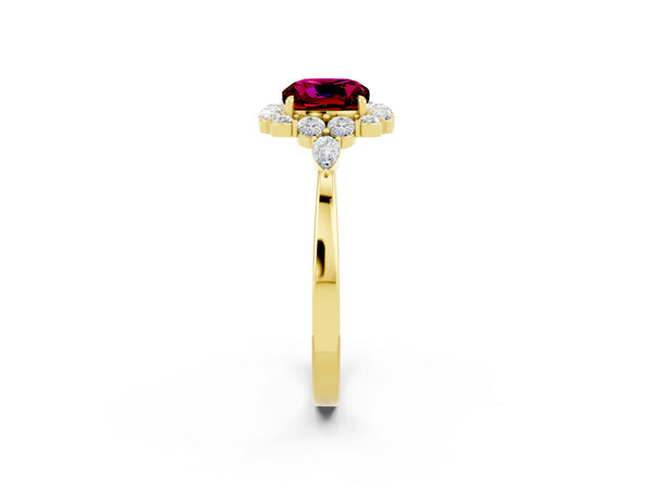 Yellow gold Cushion Cut Garnet Halo Ring with Pear Side Stones and Prong Setting