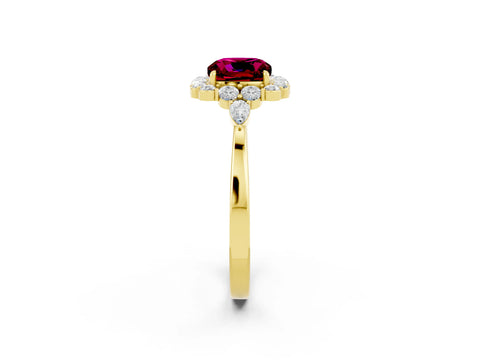 Yellow gold Cushion Cut Garnet Halo Ring with Pear Side Stones and Prong Setting_14