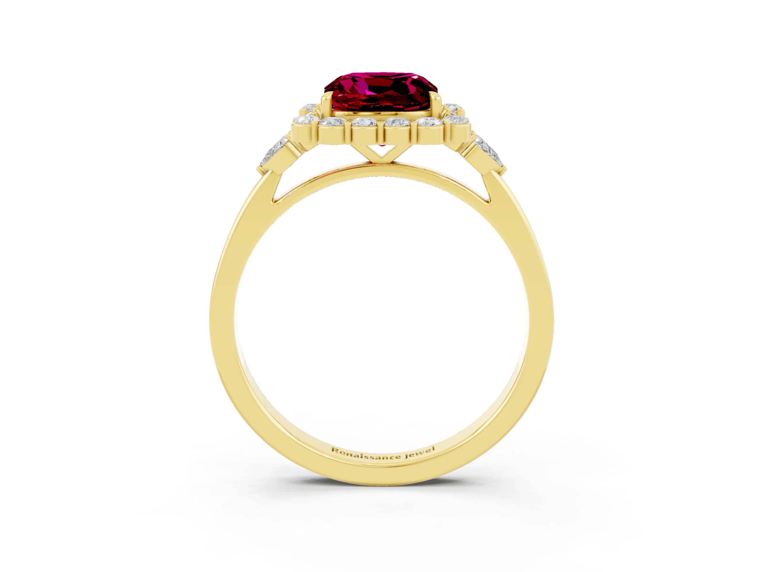 Yellow gold Cushion Cut Garnet Halo Ring with Pear Side Stones and Prong Setting_15