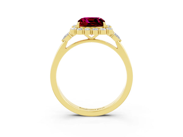 Yellow gold Cushion Cut Garnet Halo Ring with Pear Side Stones and Prong Setting