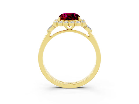 Yellow gold Cushion Cut Garnet Halo Ring with Pear Side Stones and Prong Setting_15
