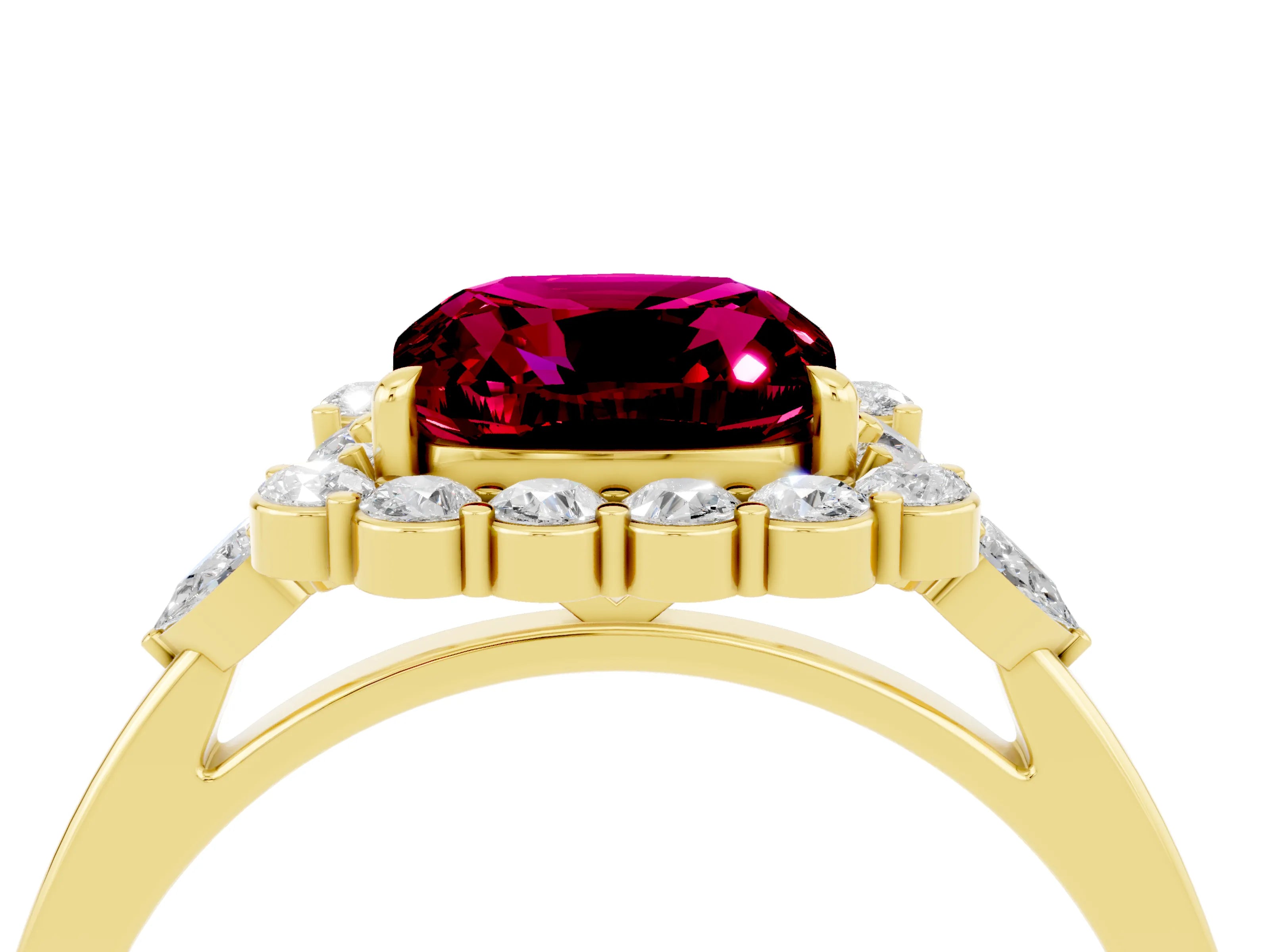 Yellow gold Cushion Cut Garnet Halo Ring with Pear Side Stones and Prong Setting_16