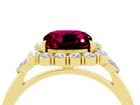 Yellow gold Cushion Cut Garnet Halo Ring with Pear Side Stones and Prong Setting_16
