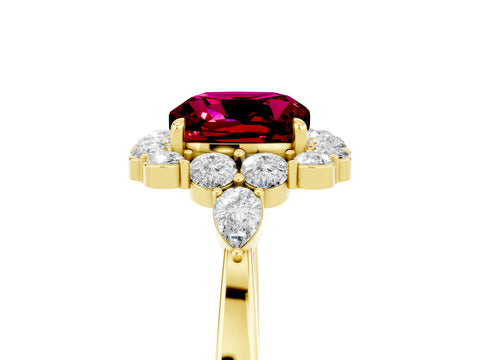 Yellow gold Cushion Cut Garnet Halo Ring with Pear Side Stones and Prong Setting_17