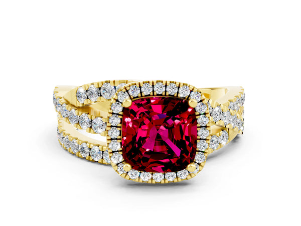 Yellow gold Cushion Cut Garnet Halo Ring with Round Split Shank and Prong Setting