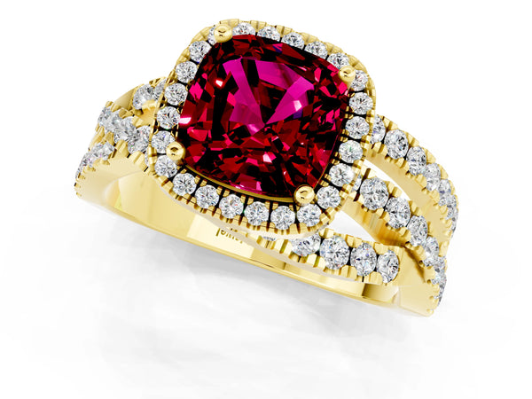 Yellow gold Cushion Cut Garnet Halo Ring with Round Split Shank and Prong Setting