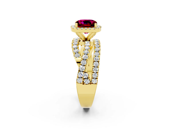 Yellow gold Cushion Cut Garnet Halo Ring with Round Split Shank and Prong Setting