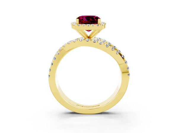 Yellow gold Cushion Cut Garnet Halo Ring with Round Split Shank and Prong Setting